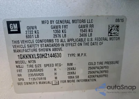 2017 GMC Acadia Denali z USA, uszkodzony, nr VIN 1GKKNXLS0HZ144630